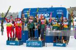 Российские лыжники (крайние слева) заняли второе место в эстафете / Фото Byldbyran
