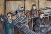 «Они ковали Победу своими руками». София Гришульс, 14 лет.  п. Красное. Преподаватель Жанна Станиславовна Минькина. В своей работе я изобразила тяжёлый труд простых людей, изготавливающих боеприпасы для нужд фронта. Когда-то все эти люди жили спокойной, мирной, семейной жизнью, но сейчас они вынуждены отдавать все свои силы, чтобы в будущем их страна могла спать спокойно.  Годы Великой Отечественной войны – невероятно тяжёлое время для всей страны и её народа. Рабочих рук не хватало, но помогать Родине было
